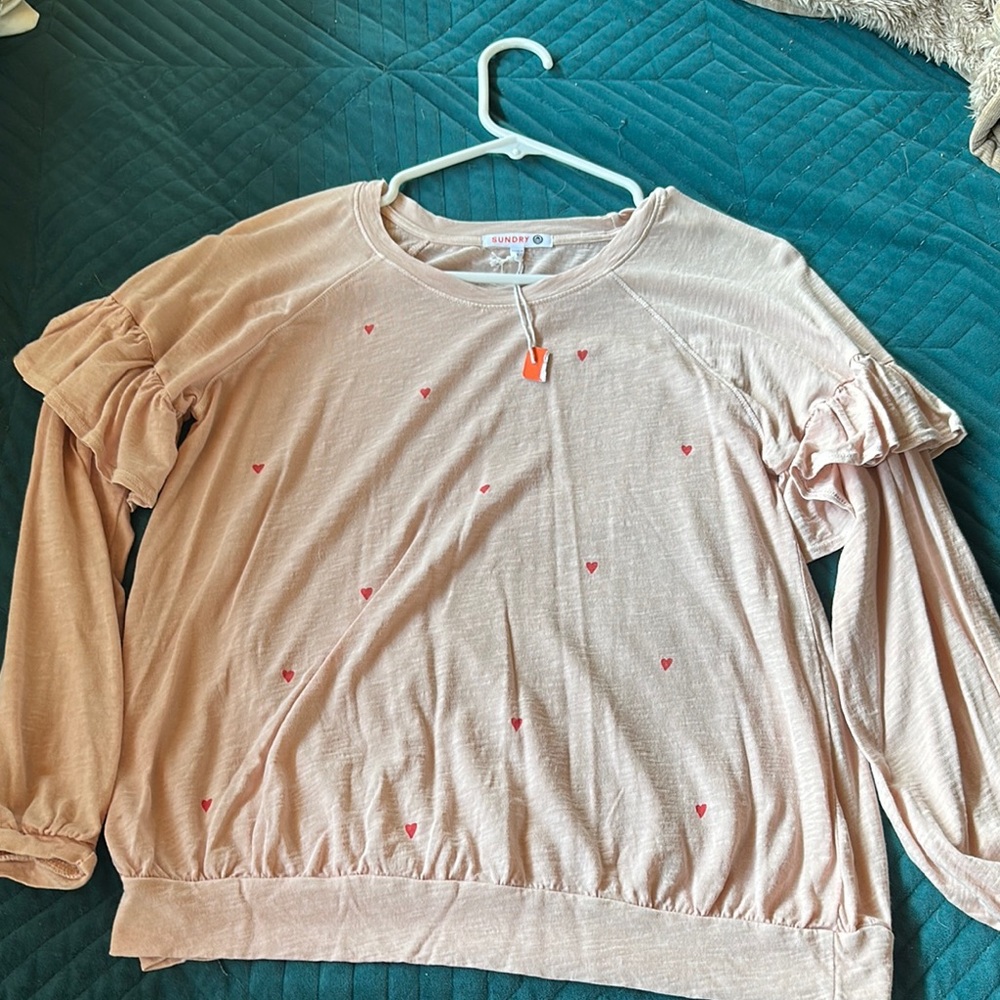 Sundry Beige Heart Accent Top